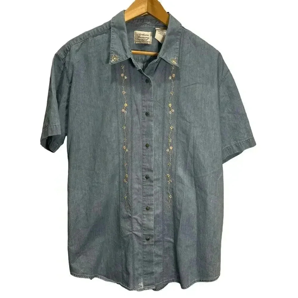 Vintage Northern Treasures‎ Cotton Embroidered Soft Denim Button-up Large